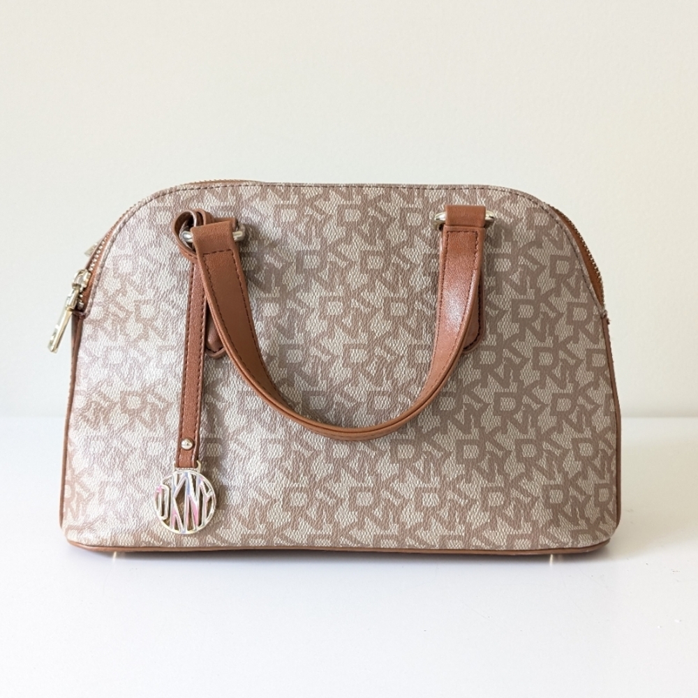 DKNY Heritage Coated Logo Leather Satchel – Brown – Pre-owned